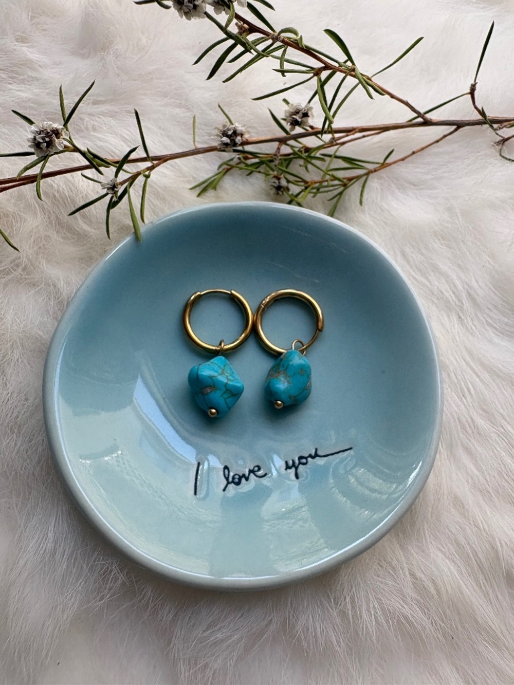 18K Gold PVD Stainless Steel Turquoise Stone Huggie Earrings